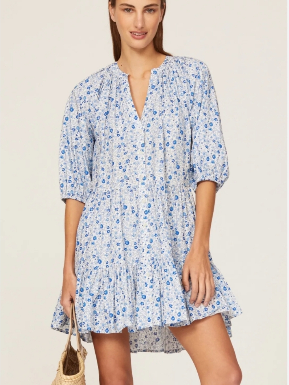 Apiece Apart Mittie Mini Dress Medium Blue Floral Organic Cotton Cottagecore